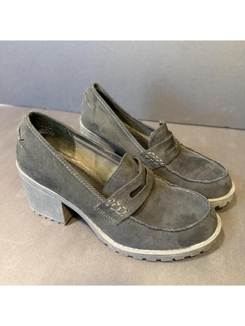 Sun + Stone Black Suede Platform Penny Loafer Lug Sole Block Heel Size 7.5